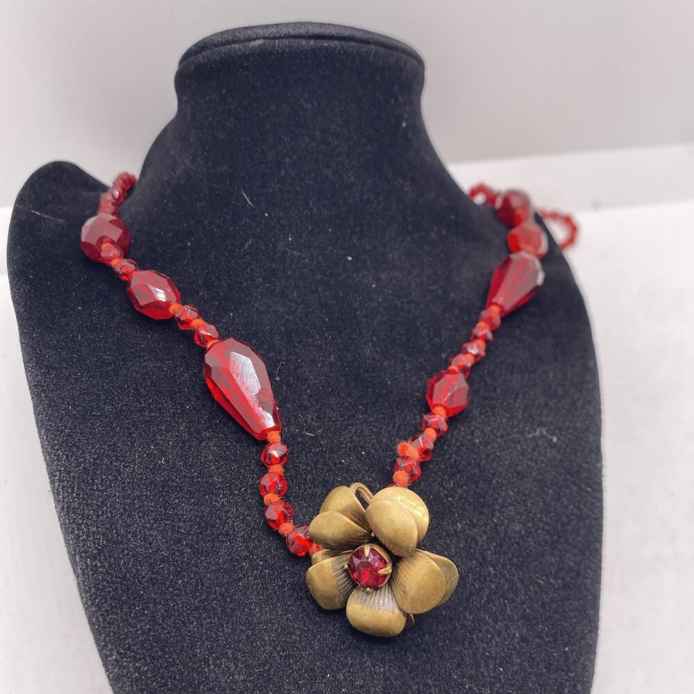 Womens Custom Glass Bead Vintage Red Bead Necklace Long